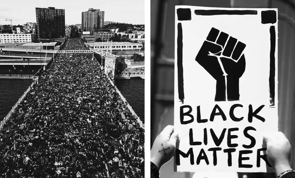 Foto 1: Manifestantes protestam em revolta acerca da morte de George Floyd. Ponte Gonden Gate, San Francisco. EUA. Dia 6 de junho de 2020. Foto 2:  Movimento Black Lives Matter. Vidas negras importam.
